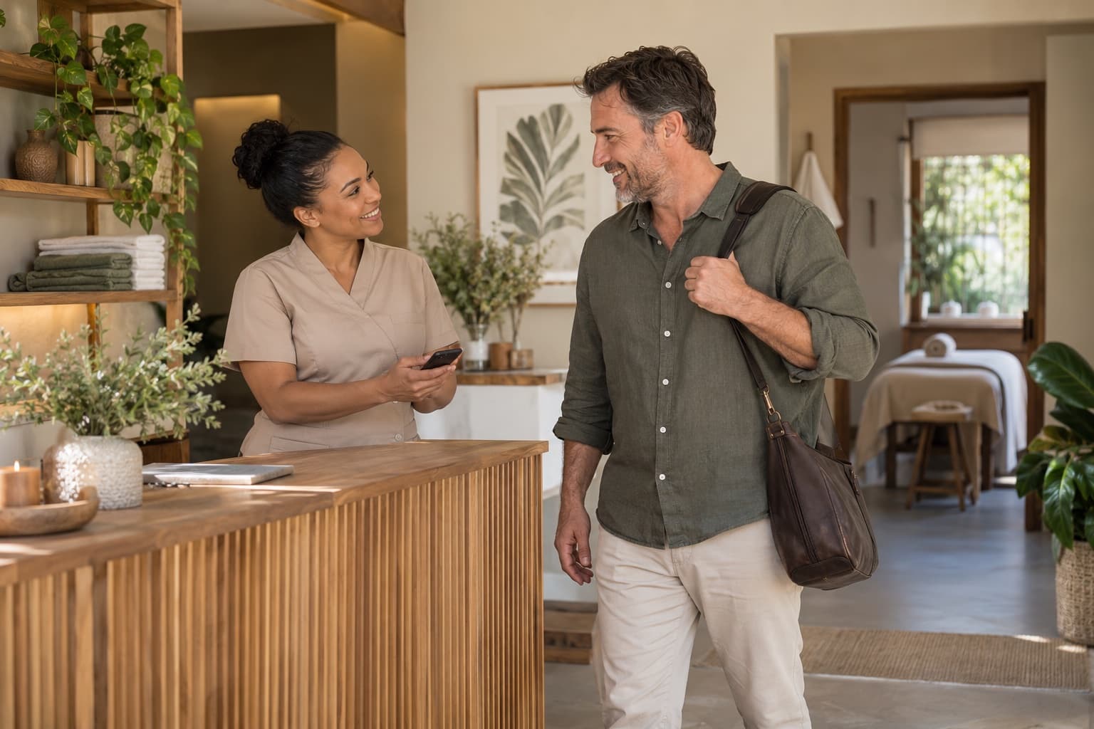 Spa therapist speaking with a customer after his massage, with a treatment room behind them.